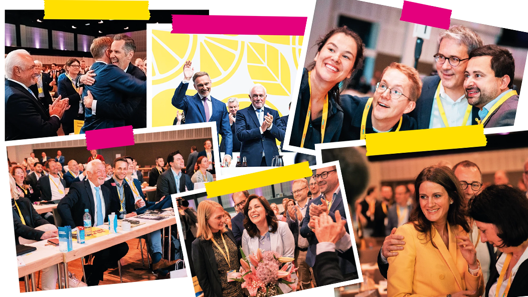 Pinwand mit Bildern vom Bundespartetag der FDP